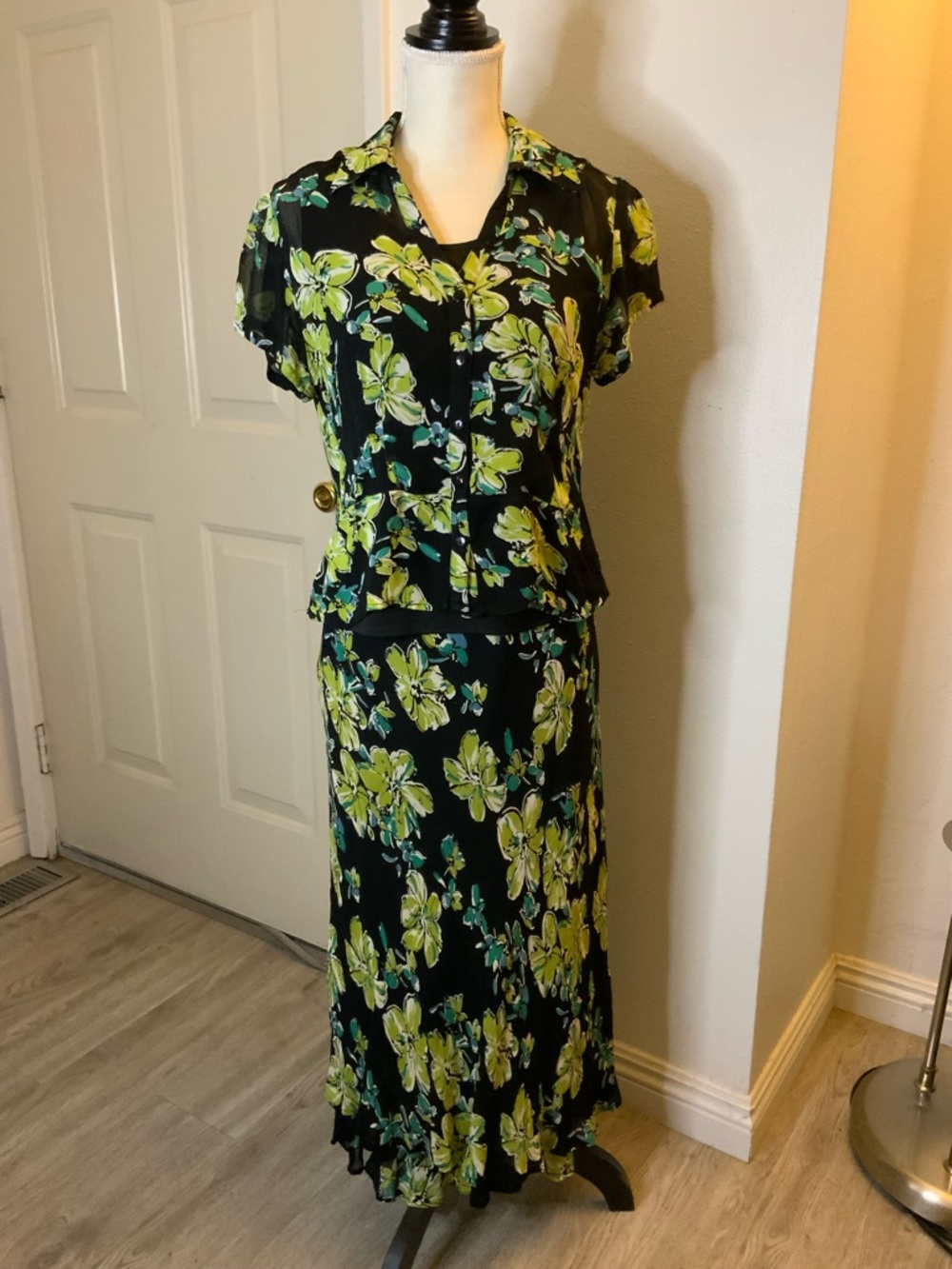 Style & Co. Black Maxi Skirt and Blouse Set with Lime Floral Design